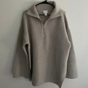 H&M Light Beige Rib-knit Half-zip Sweater Size M